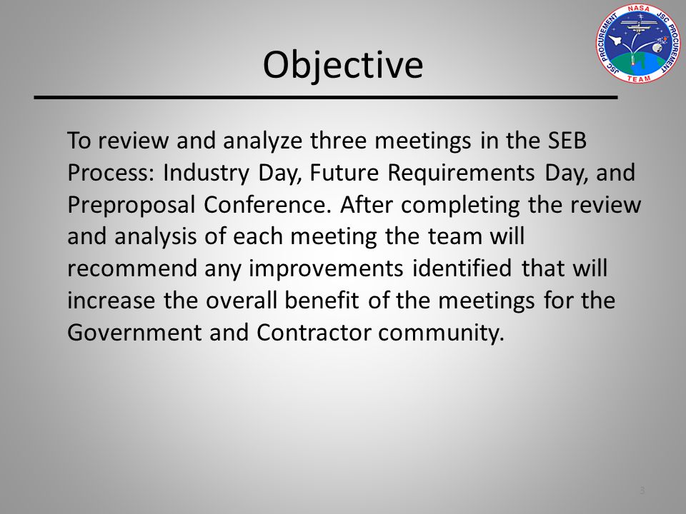 Objective To review and analyze three meetings in the SEB Process: Industry Day, Future Requirements Day, and Preproposal Conference.