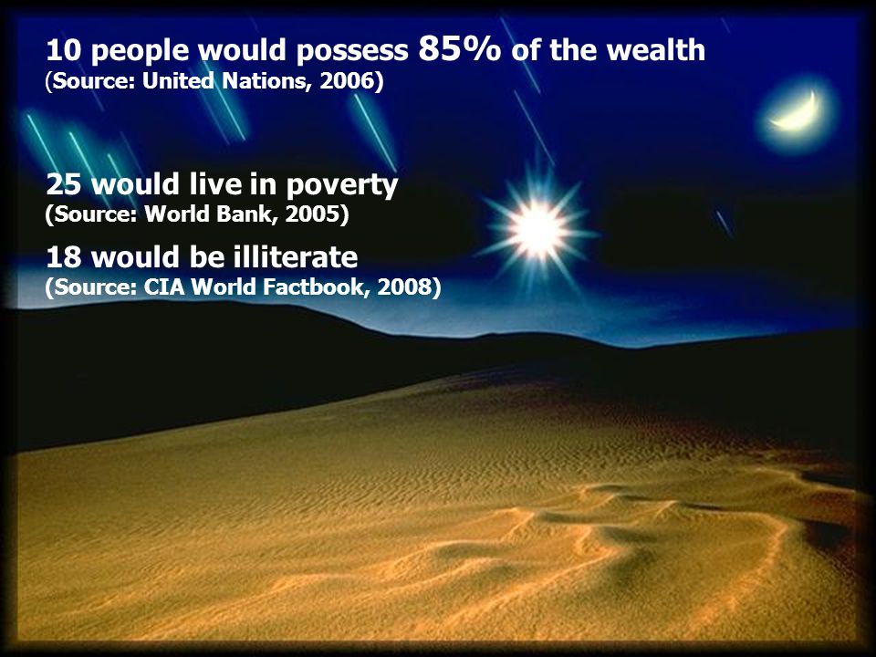 10 people would possess 85% of the wealth (Source: United Nations, 2006) 25 would live in poverty (Source: World Bank, 2005) 18 would be illiterate (Source: CIA World Factbook, 2008)