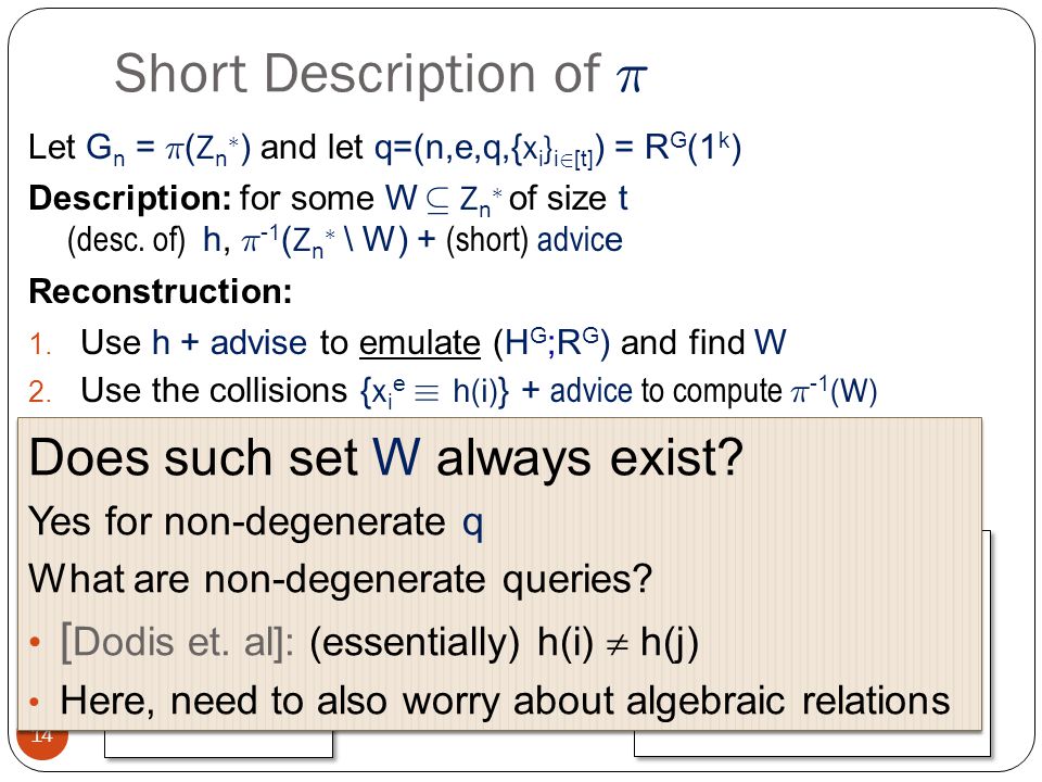 Short Description of ¼ 14 Let G n = ¼ ( Z n ¤ ) and let q=(n,e,q,{ x i } i 2 [t] ) = R G (1 k ) Description: for some W µ Z n ¤ of size t (desc.