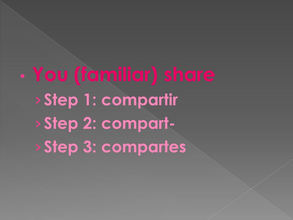 You (familiar) share › Step 1: compartir › Step 2: compart- › Step 3: compartes