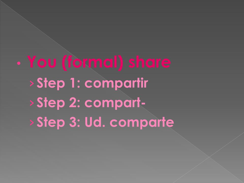 You (formal) share › Step 1: compartir › Step 2: compart- › Step 3: Ud. comparte