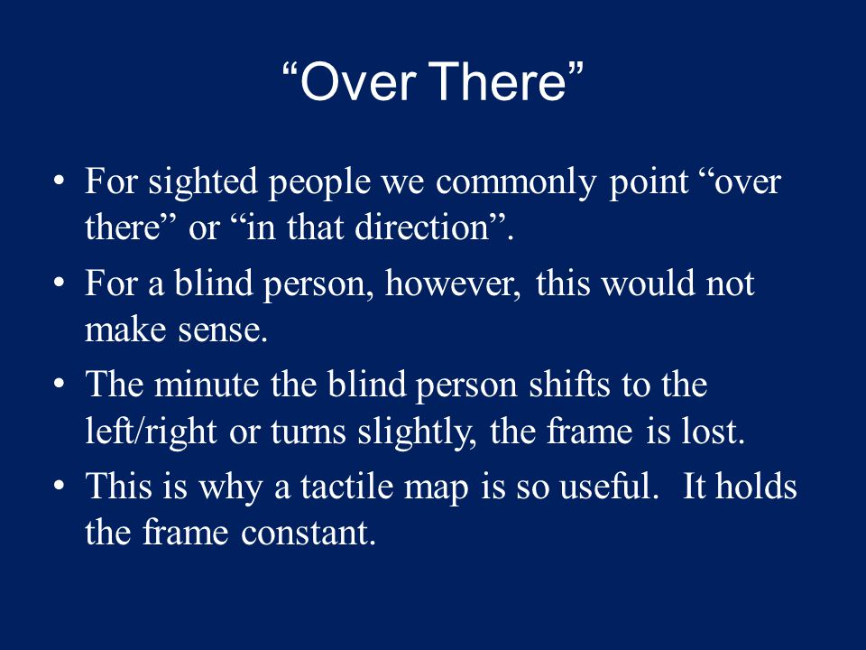 Over There For sighted people we commonly point over there or in that direction .