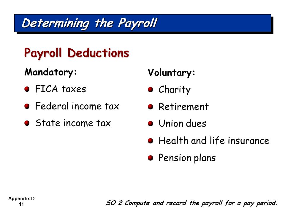 Appendix D 11 Mandatory: FICA taxes Federal income tax State income tax Payroll Deductions SO 2 Compute and record the payroll for a pay period.