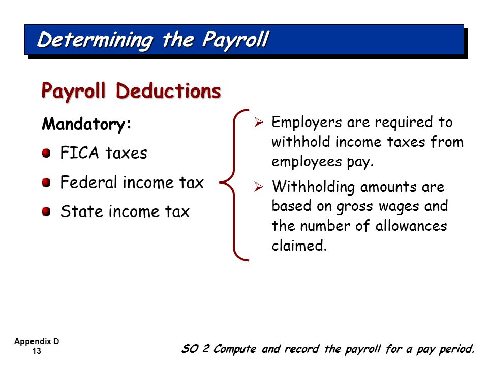 Appendix D 13 Mandatory: FICA taxes Federal income tax State income tax Payroll Deductions SO 2 Compute and record the payroll for a pay period.