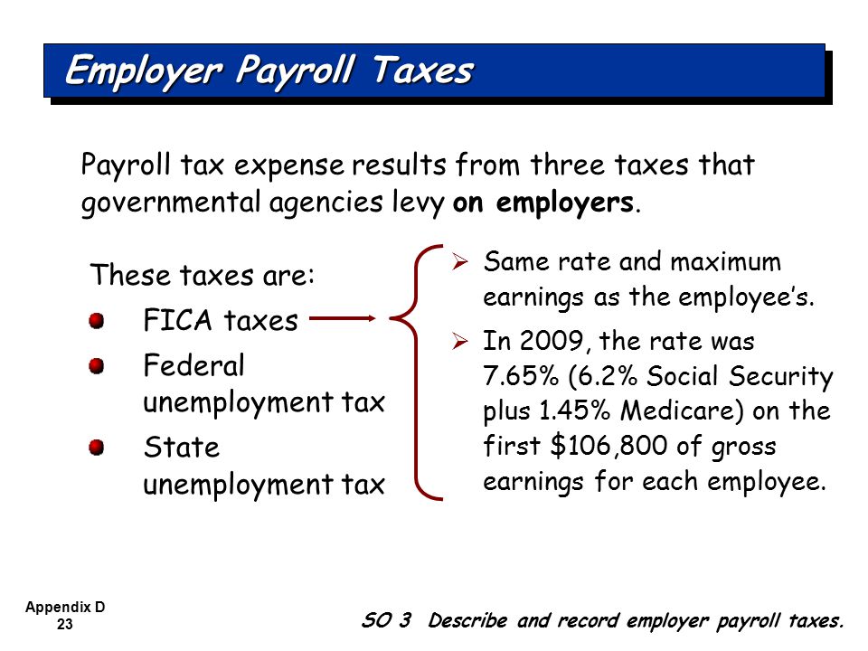 Appendix D 23 Payroll tax expense results from three taxes that governmental agencies levy on employers.