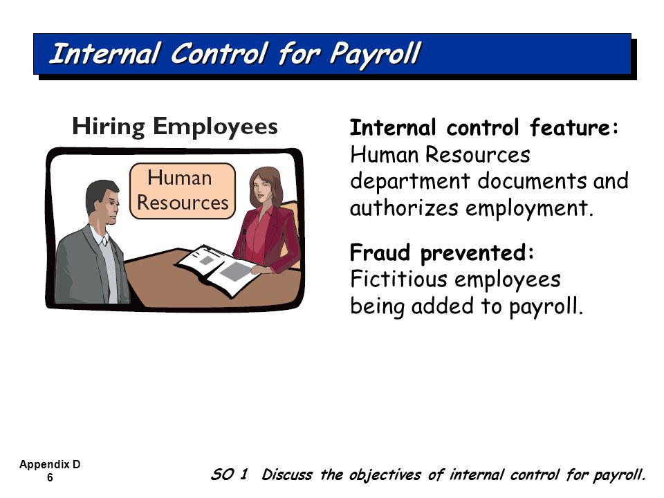 Appendix D 6 Internal control feature: Human Resources department documents and authorizes employment.