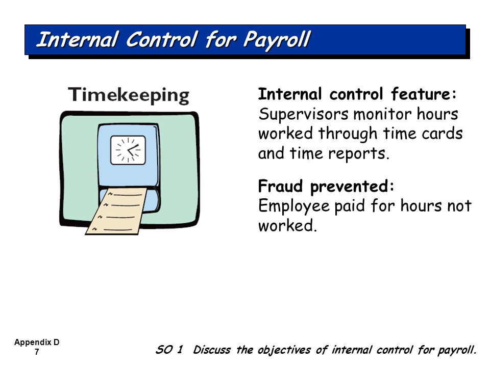 Appendix D 7 Internal control feature: Supervisors monitor hours worked through time cards and time reports.