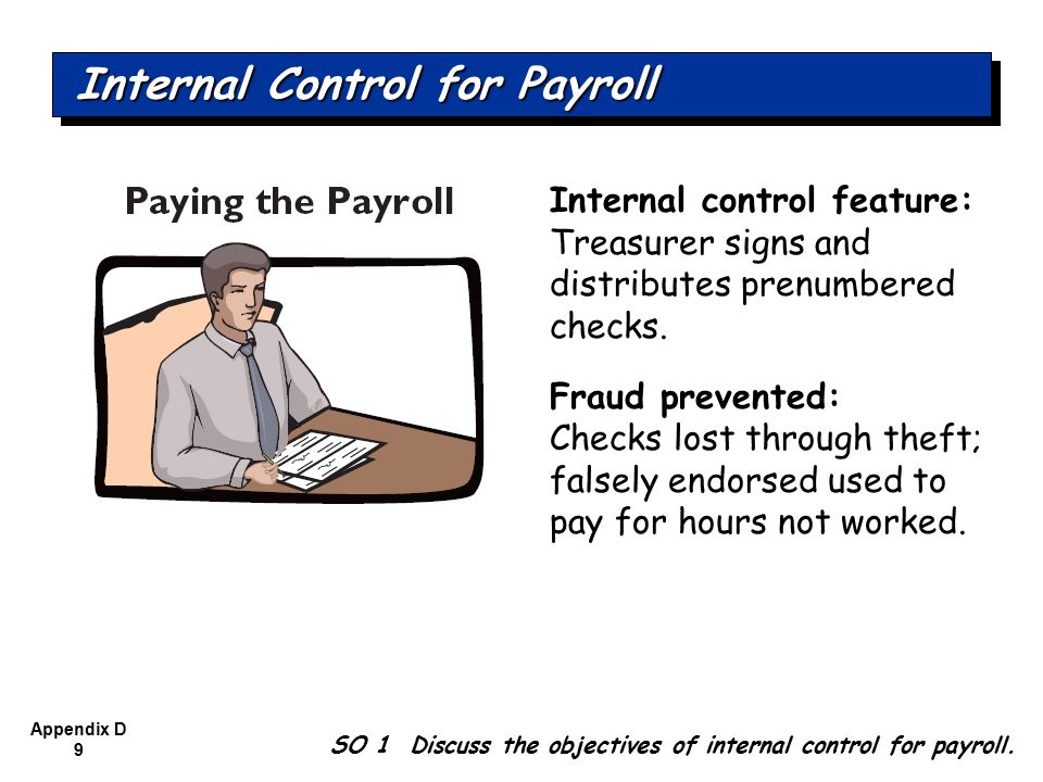 Appendix D 9 Internal control feature: Treasurer signs and distributes prenumbered checks.