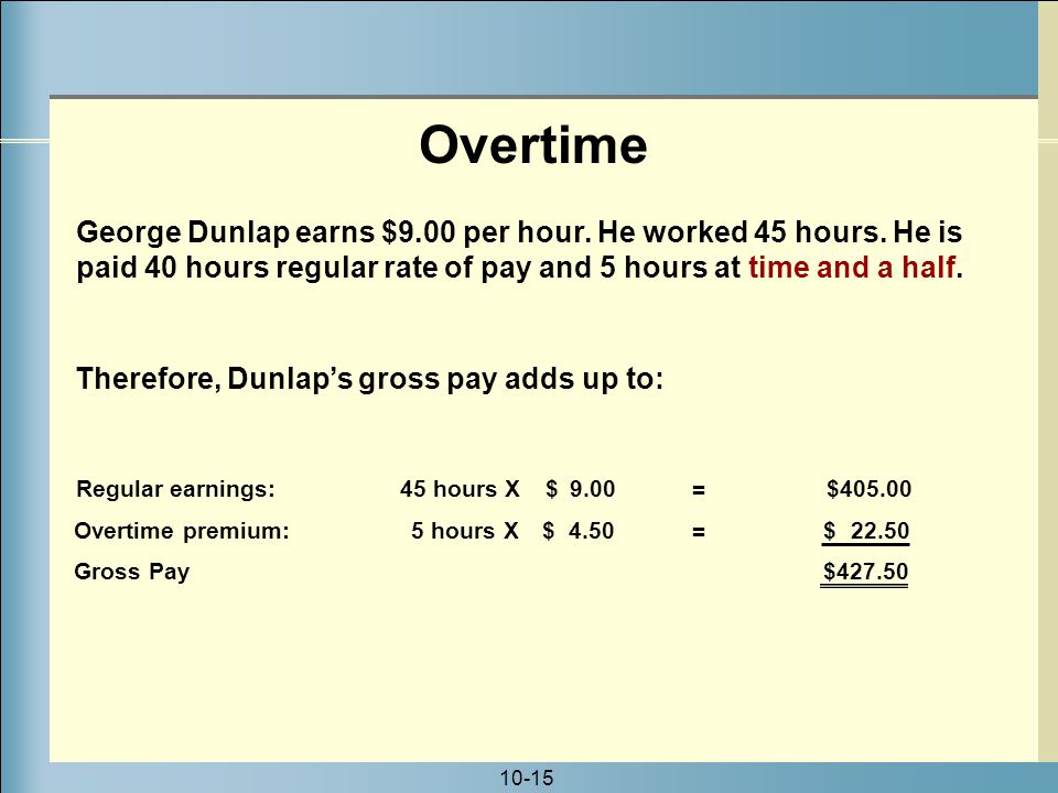 10-15 George Dunlap earns $9.00 per hour. He worked 45 hours.