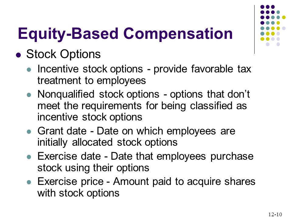12-10 Equity-Based Compensation Stock Options Incentive stock options - provide favorable tax treatment to employees Nonqualified stock options - options that don’t meet the requirements for being classified as incentive stock options Grant date - Date on which employees are initially allocated stock options Exercise date - Date that employees purchase stock using their options Exercise price - Amount paid to acquire shares with stock options