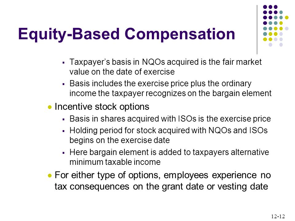 12-12 Equity-Based Compensation  Taxpayer’s basis in NQOs acquired is the fair market value on the date of exercise  Basis includes the exercise price plus the ordinary income the taxpayer recognizes on the bargain element Incentive stock options  Basis in shares acquired with ISOs is the exercise price  Holding period for stock acquired with NQOs and ISOs begins on the exercise date  Here bargain element is added to taxpayers alternative minimum taxable income For either type of options, employees experience no tax consequences on the grant date or vesting date