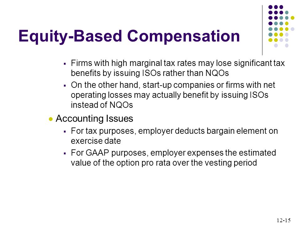 12-15  Firms with high marginal tax rates may lose significant tax benefits by issuing ISOs rather than NQOs  On the other hand, start-up companies or firms with net operating losses may actually benefit by issuing ISOs instead of NQOs Accounting Issues  For tax purposes, employer deducts bargain element on exercise date  For GAAP purposes, employer expenses the estimated value of the option pro rata over the vesting period Equity-Based Compensation