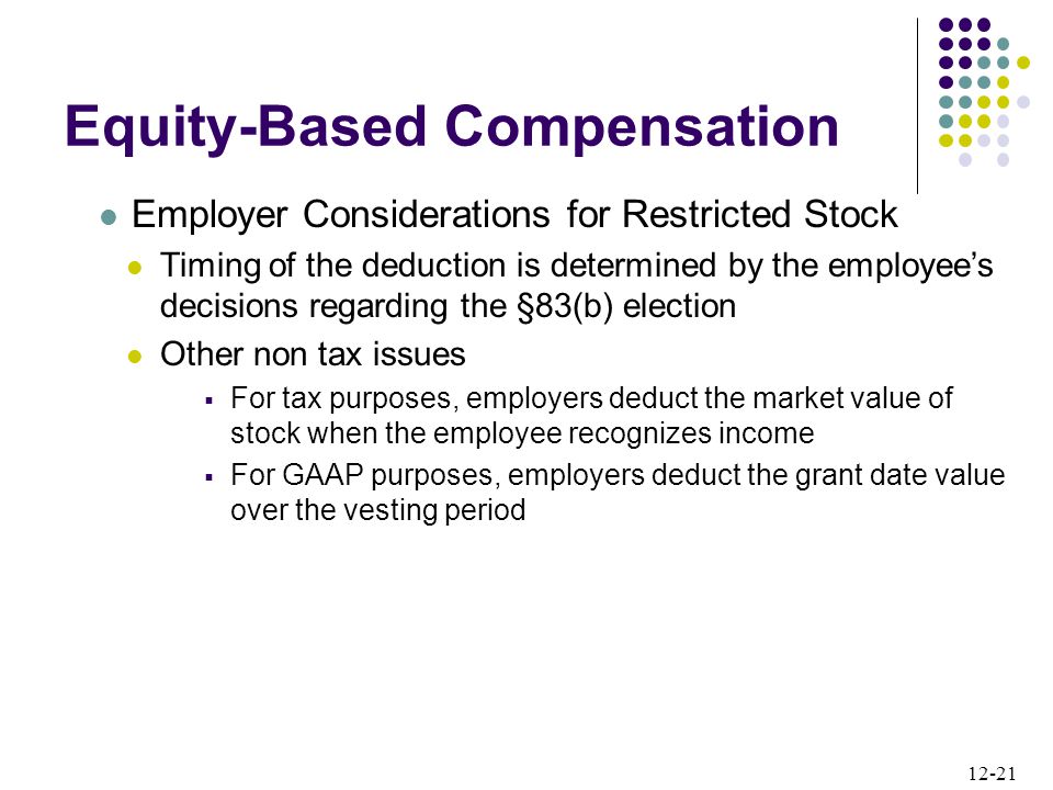12-21 Employer Considerations for Restricted Stock Timing of the deduction is determined by the employee’s decisions regarding the §83(b) election Other non tax issues  For tax purposes, employers deduct the market value of stock when the employee recognizes income  For GAAP purposes, employers deduct the grant date value over the vesting period Equity-Based Compensation