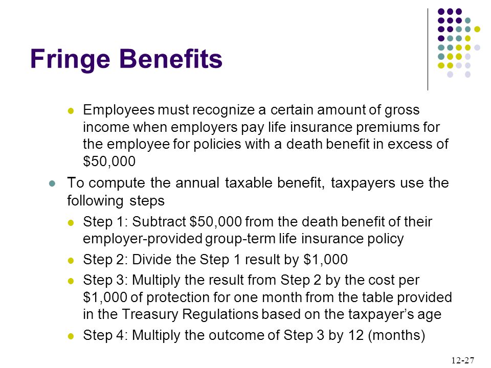 12-27 Employees must recognize a certain amount of gross income when employers pay life insurance premiums for the employee for policies with a death benefit in excess of $50,000 To compute the annual taxable benefit, taxpayers use the following steps Step 1: Subtract $50,000 from the death benefit of their employer-provided group-term life insurance policy Step 2: Divide the Step 1 result by $1,000 Step 3: Multiply the result from Step 2 by the cost per $1,000 of protection for one month from the table provided in the Treasury Regulations based on the taxpayer’s age Step 4: Multiply the outcome of Step 3 by 12 (months) Fringe Benefits