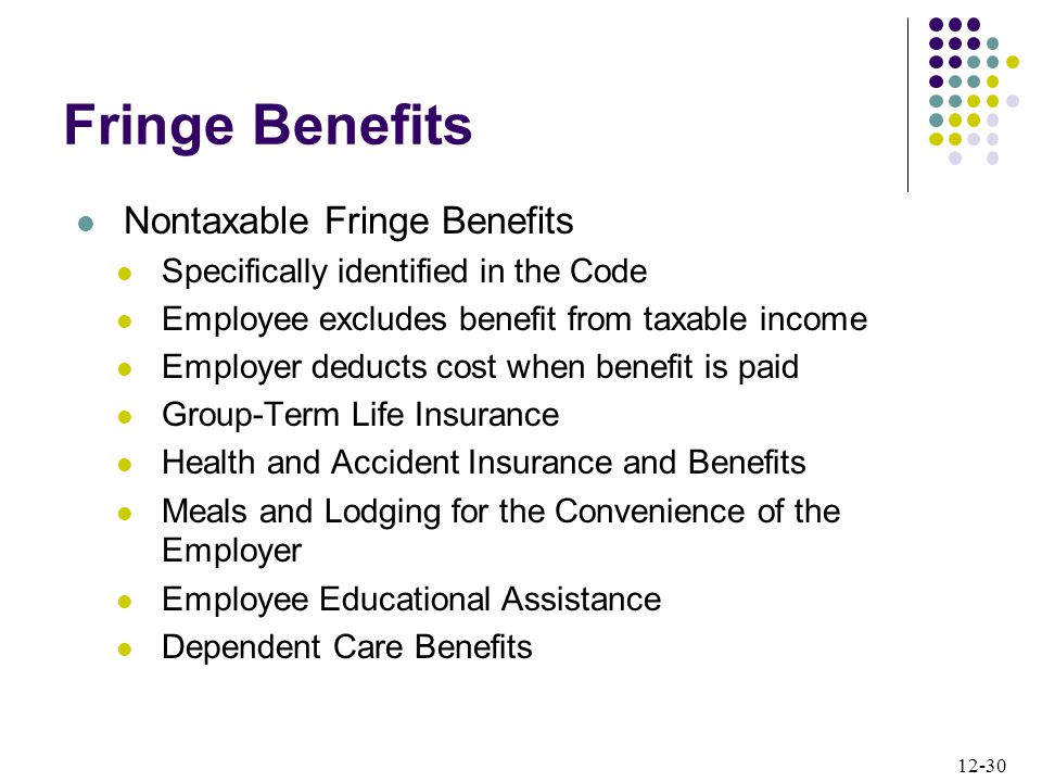 12-30 Nontaxable Fringe Benefits Specifically identified in the Code Employee excludes benefit from taxable income Employer deducts cost when benefit is paid Group-Term Life Insurance Health and Accident Insurance and Benefits Meals and Lodging for the Convenience of the Employer Employee Educational Assistance Dependent Care Benefits Fringe Benefits