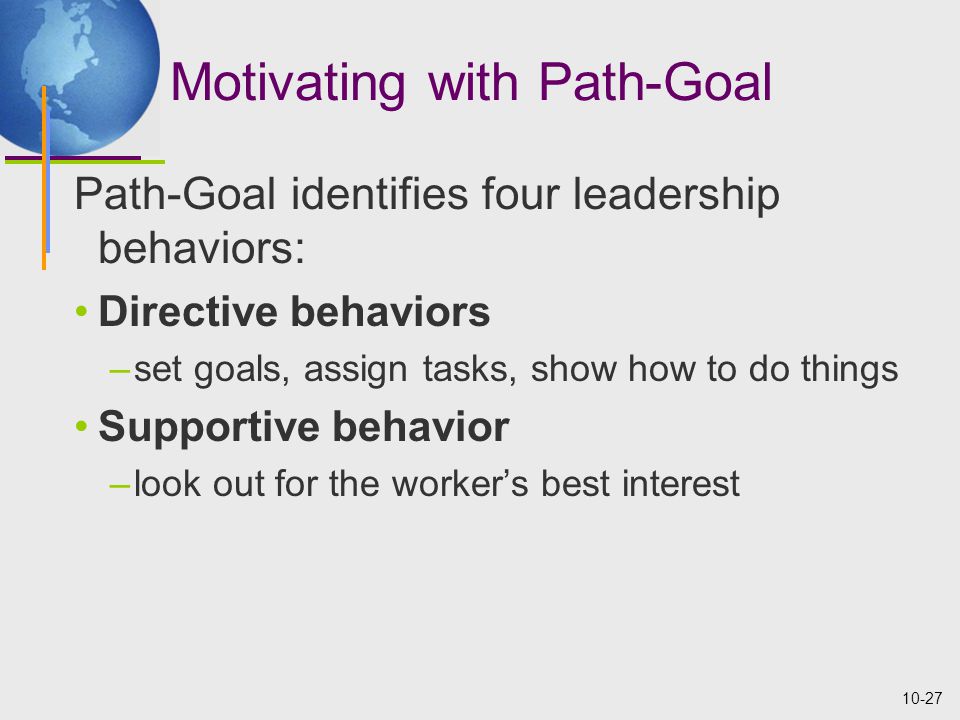 10-27 Motivating with Path-Goal Path-Goal identifies four leadership behaviors: Directive behaviors –set goals, assign tasks, show how to do things Supportive behavior –look out for the worker’s best interest