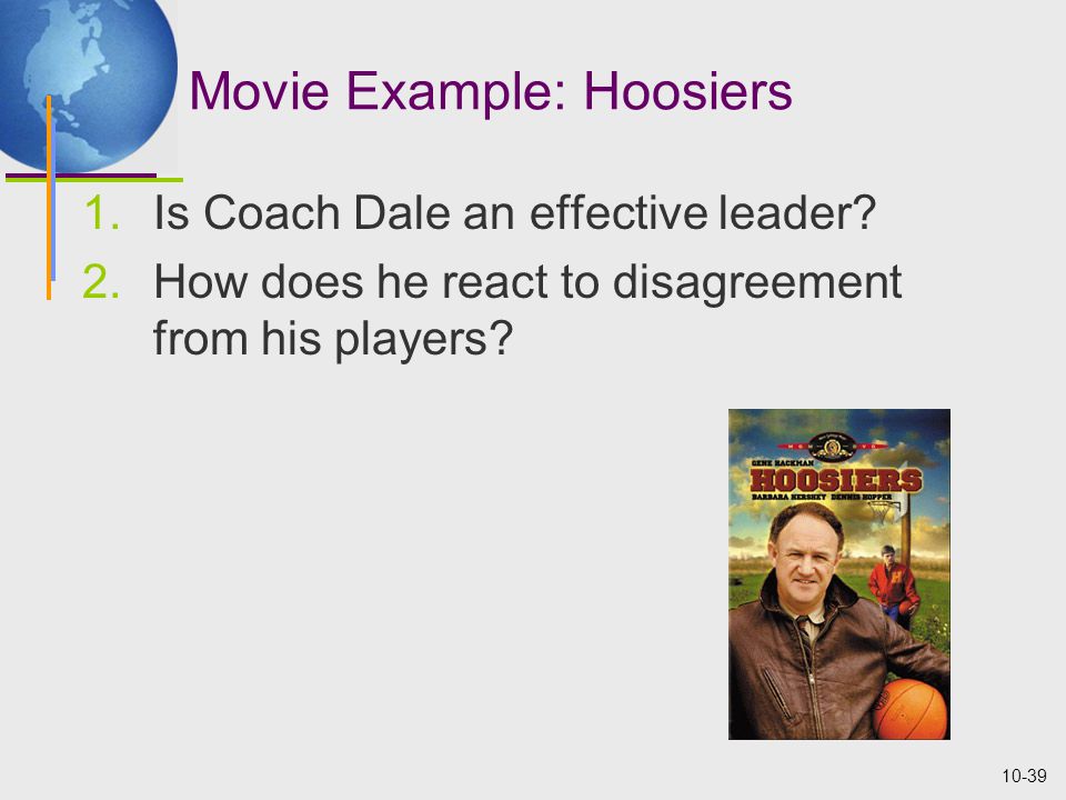 10-39 Movie Example: Hoosiers 1.Is Coach Dale an effective leader.