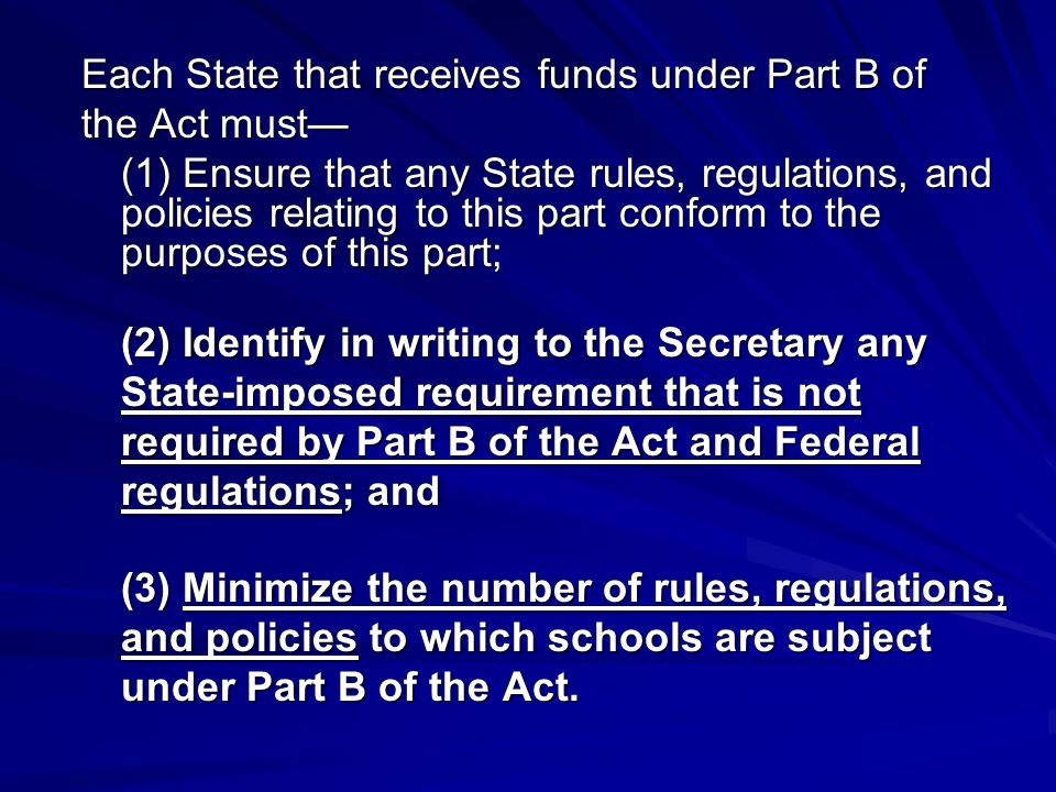 Each State that receives funds under Part B of the Act must— (1) Ensure that any State rules, regulations, and policies relating to this part conform to the purposes of this part; (2) Identify in writing to the Secretary any State-imposed requirement that is not required by Part B of the Act and Federal regulations; and (3) Minimize the number of rules, regulations, and policies to which schools are subject under Part B of the Act.