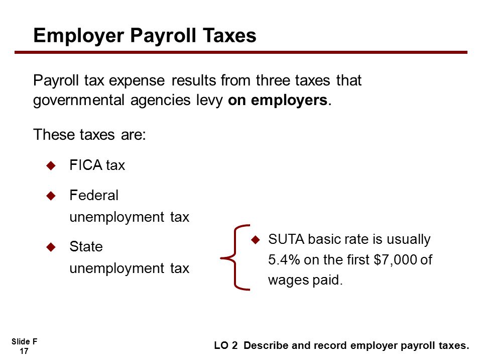 Slide F 17 LO 2 Describe and record employer payroll taxes.