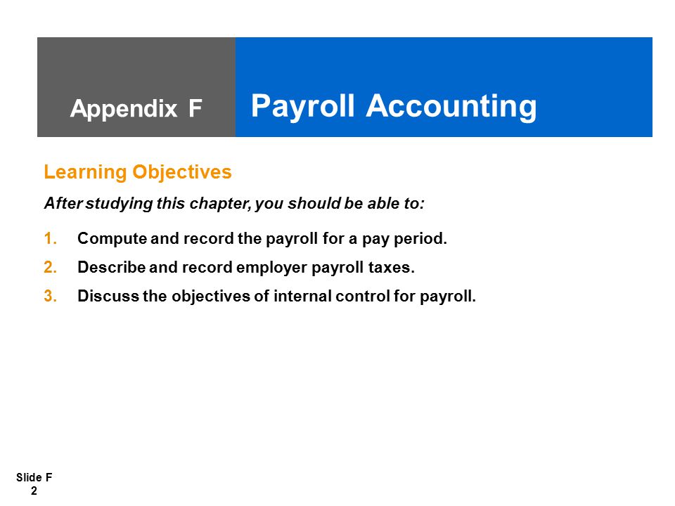 Slide F 2 Appendix F Payroll Accounting Learning Objectives After studying this chapter, you should be able to: 1.Compute and record the payroll for a pay period.