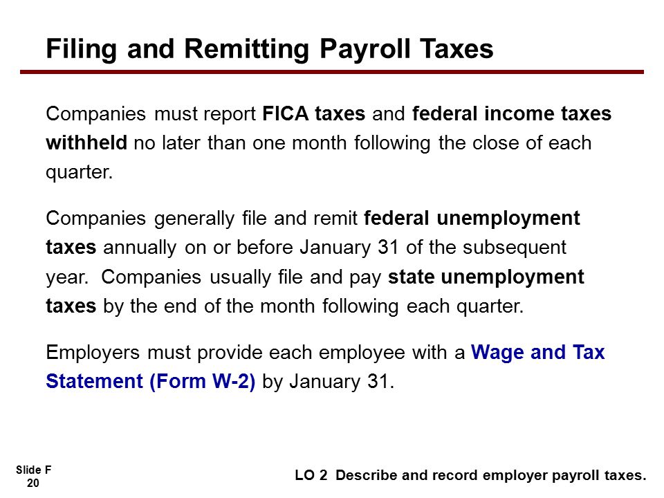 Slide F 20 Companies must report FICA taxes and federal income taxes withheld no later than one month following the close of each quarter.