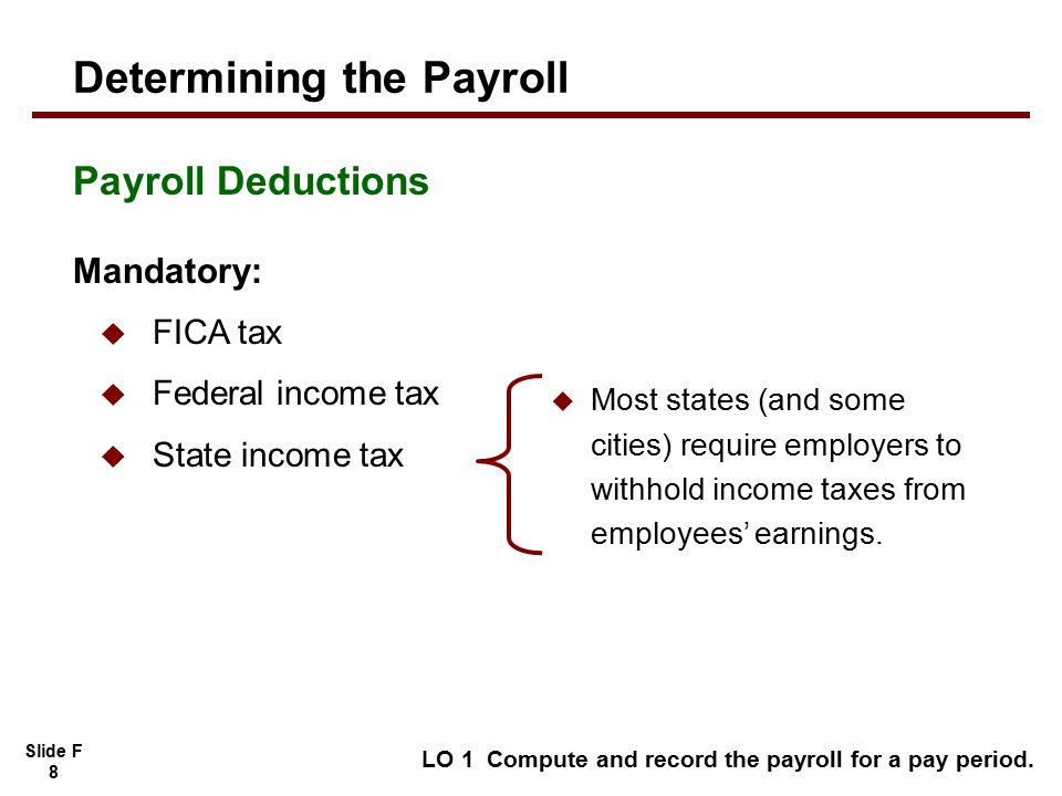 Slide F 8 LO 1 Compute and record the payroll for a pay period.