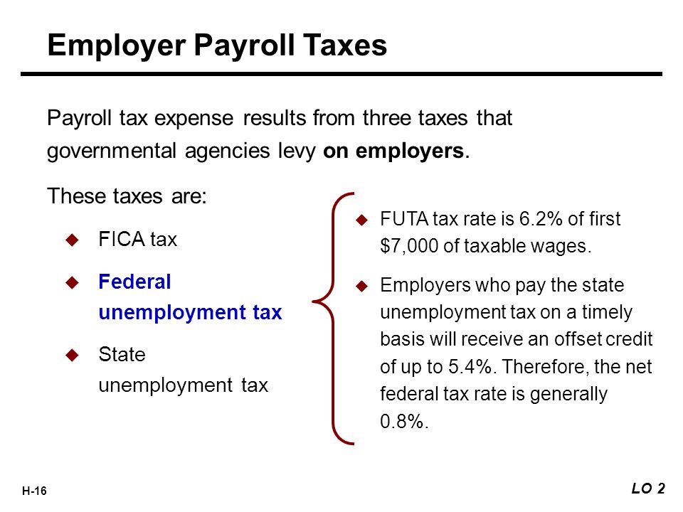 H-16  FUTA tax rate is 6.2% of first $7,000 of taxable wages.