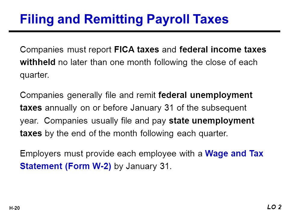 H-20 Companies must report FICA taxes and federal income taxes withheld no later than one month following the close of each quarter.