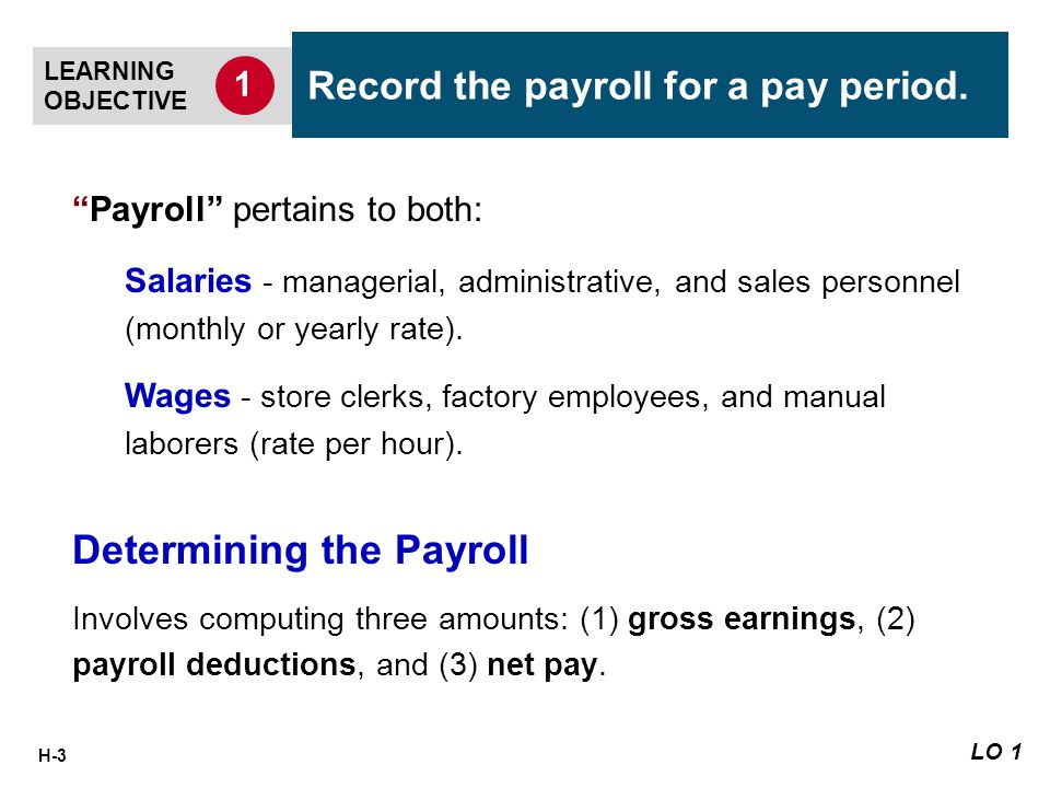 H-3 Payroll pertains to both: Salaries - managerial, administrative, and sales personnel (monthly or yearly rate).