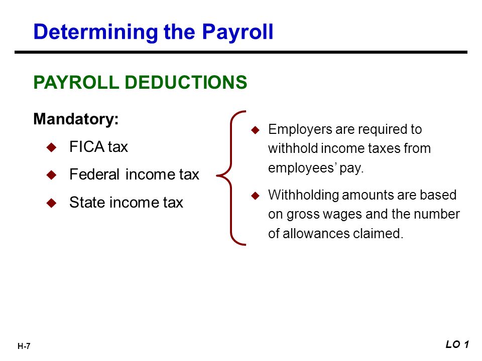 H-7  Employers are required to withhold income taxes from employees’ pay.