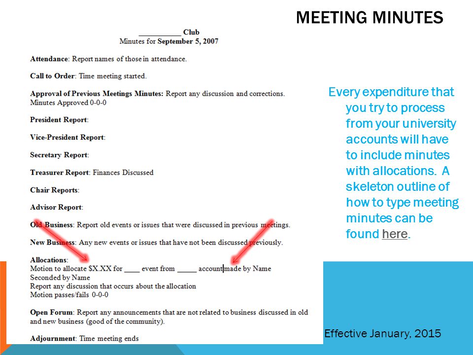 MEETING MINUTES Every expenditure that you try to process from your university accounts will have to include minutes with allocations.