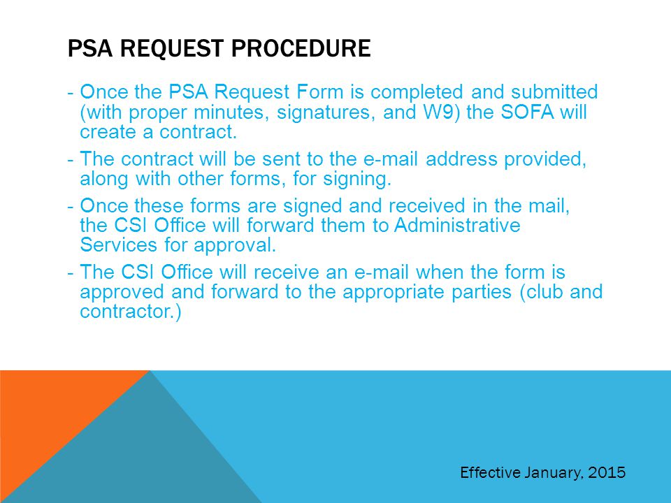 PSA REQUEST PROCEDURE -Once the PSA Request Form is completed and submitted (with proper minutes, signatures, and W9) the SOFA will create a contract.