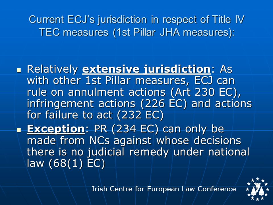 Irish Centre for European Law Conference Current ECJ’s jurisdiction in respect of Title IV TEC measures (1st Pillar JHA measures): Relatively extensive jurisdiction: As with other 1st Pillar measures, ECJ can rule on annulment actions (Art 230 EC), infringement actions (226 EC) and actions for failure to act (232 EC) Relatively extensive jurisdiction: As with other 1st Pillar measures, ECJ can rule on annulment actions (Art 230 EC), infringement actions (226 EC) and actions for failure to act (232 EC) Exception: PR (234 EC) can only be made from NCs against whose decisions there is no judicial remedy under national law (68(1) EC) Exception: PR (234 EC) can only be made from NCs against whose decisions there is no judicial remedy under national law (68(1) EC)