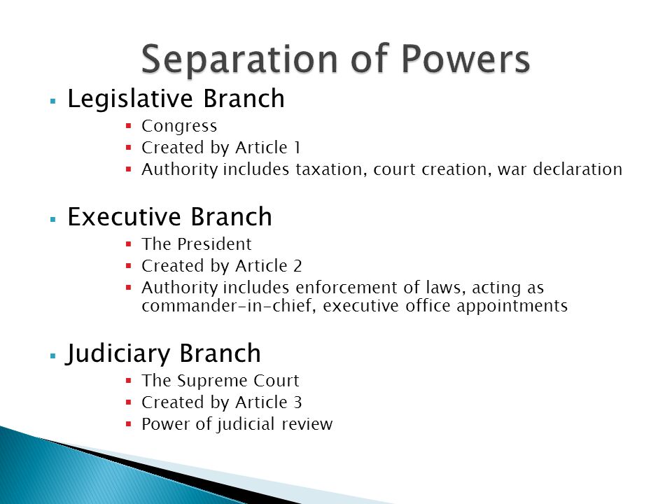  Legislative Branch  Congress  Created by Article 1  Authority includes taxation, court creation, war declaration  Executive Branch  The President  Created by Article 2  Authority includes enforcement of laws, acting as commander-in-chief, executive office appointments  Judiciary Branch  The Supreme Court  Created by Article 3  Power of judicial review