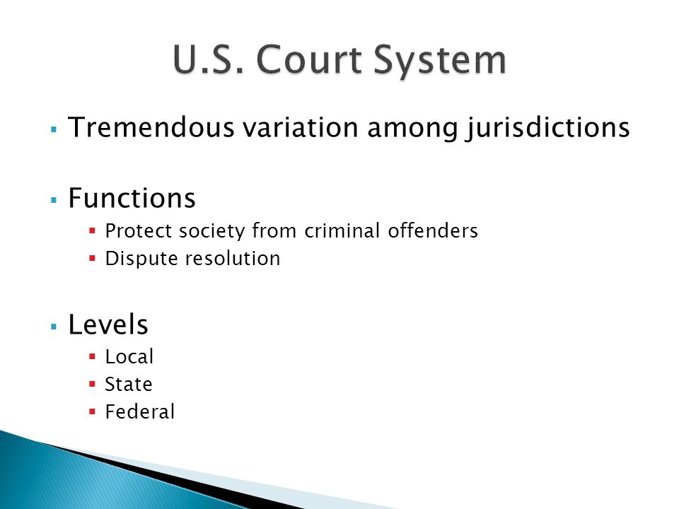 Tremendous variation among jurisdictions  Functions  Protect society from criminal offenders  Dispute resolution  Levels  Local  State  Federal