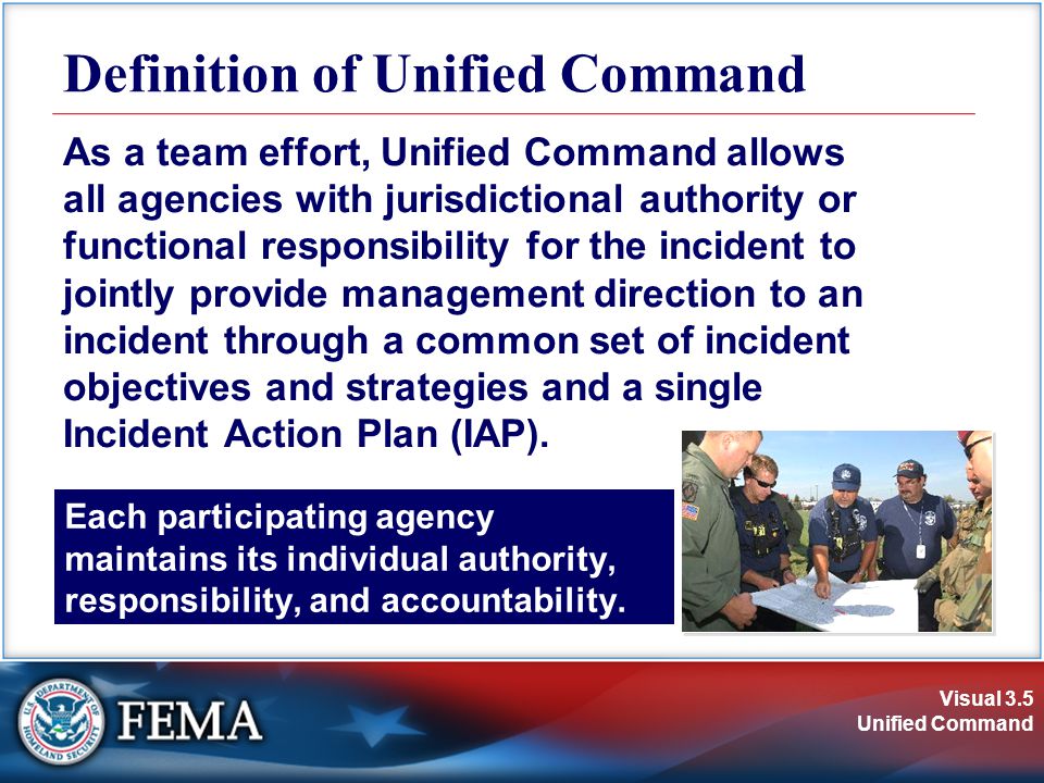 Visual 3.5 Unified Command Each participating agency maintains its individual authority, responsibility, and accountability.