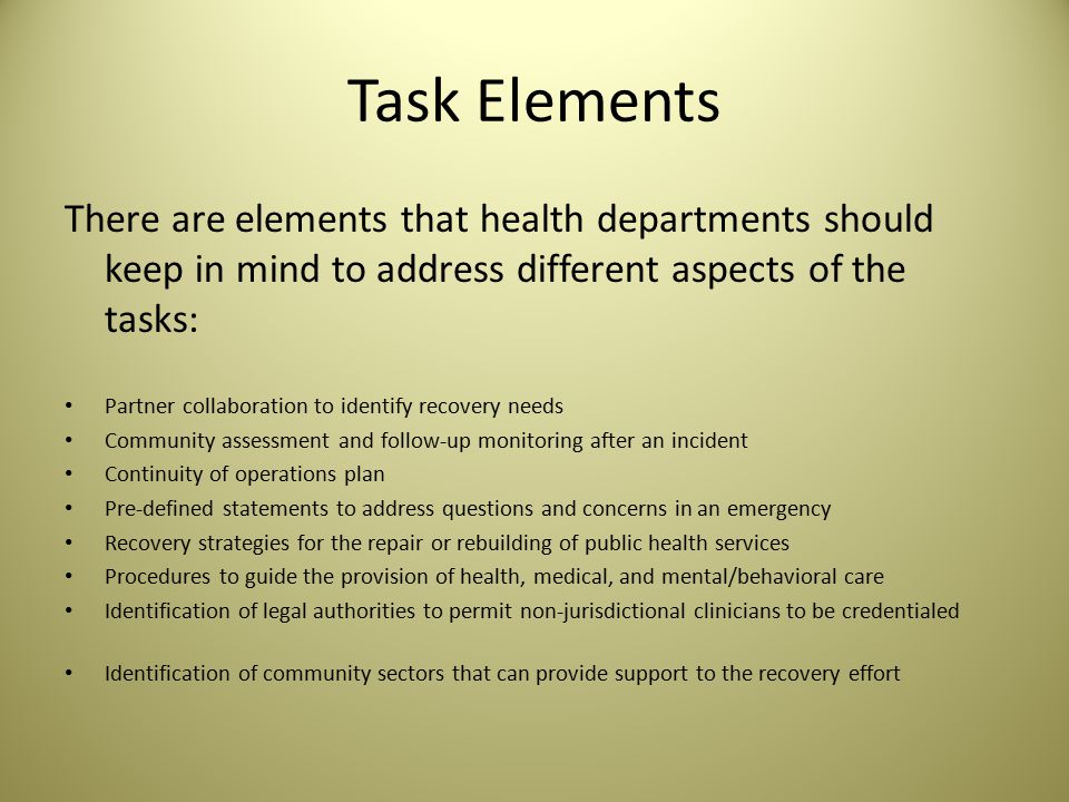 Function 1: Identify and Monitor Health System Needs Tasks: What things can health departments do to be aware of the ESF 8 (public health, medical, behavioral health) needs.