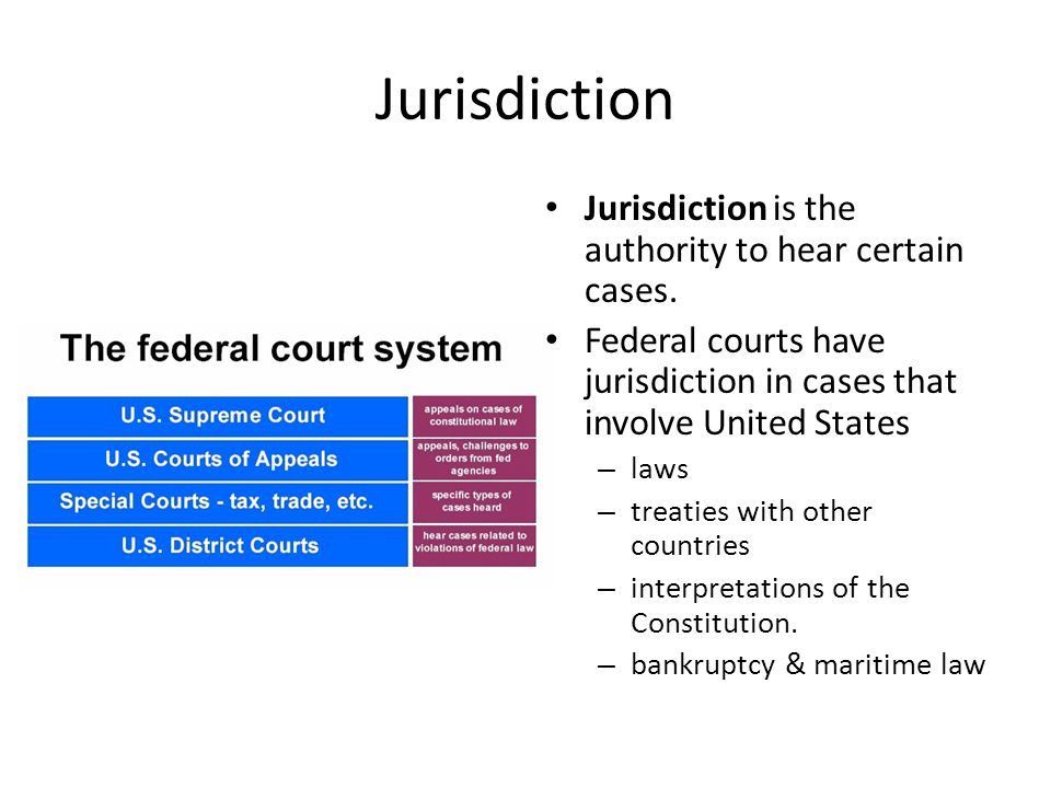 Jurisdiction Jurisdiction is the authority to hear certain cases.