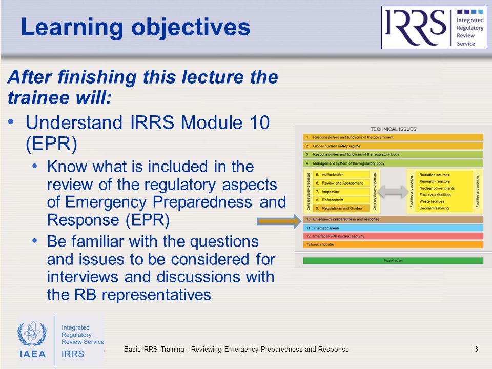 IAEA Learning objectives After finishing this lecture the trainee will: Understand IRRS Module 10 (EPR) Know what is included in the review of the regulatory aspects of Emergency Preparedness and Response (EPR) Be familiar with the questions and issues to be considered for interviews and discussions with the RB representatives 3Basic IRRS Training - Reviewing Emergency Preparedness and Response