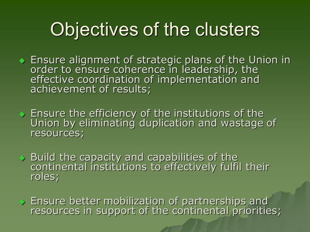 Objectives of the clusters  Ensure alignment of strategic plans of the Union in order to ensure coherence in leadership, the effective coordination of implementation and achievement of results;  Ensure the efficiency of the institutions of the Union by eliminating duplication and wastage of resources;  Build the capacity and capabilities of the continental institutions to effectively fulfil their roles;  Ensure better mobilization of partnerships and resources in support of the continental priorities;