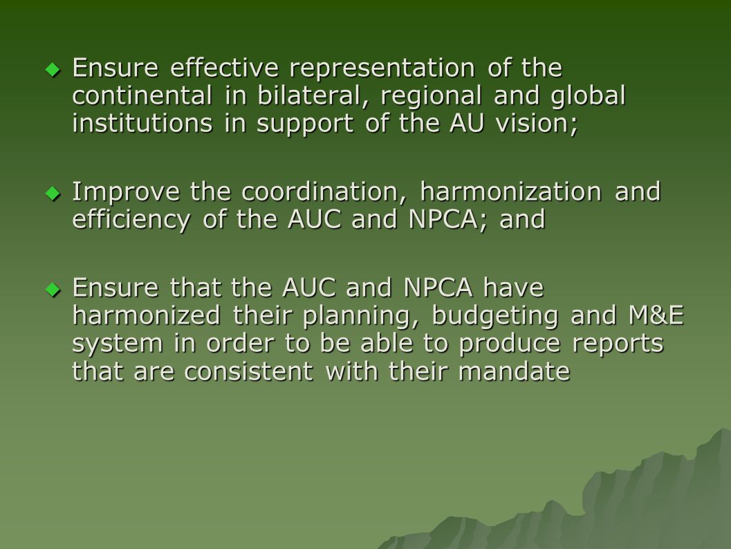  Ensure effective representation of the continental in bilateral, regional and global institutions in support of the AU vision;  Improve the coordination, harmonization and efficiency of the AUC and NPCA; and  Ensure that the AUC and NPCA have harmonized their planning, budgeting and M&E system in order to be able to produce reports that are consistent with their mandate