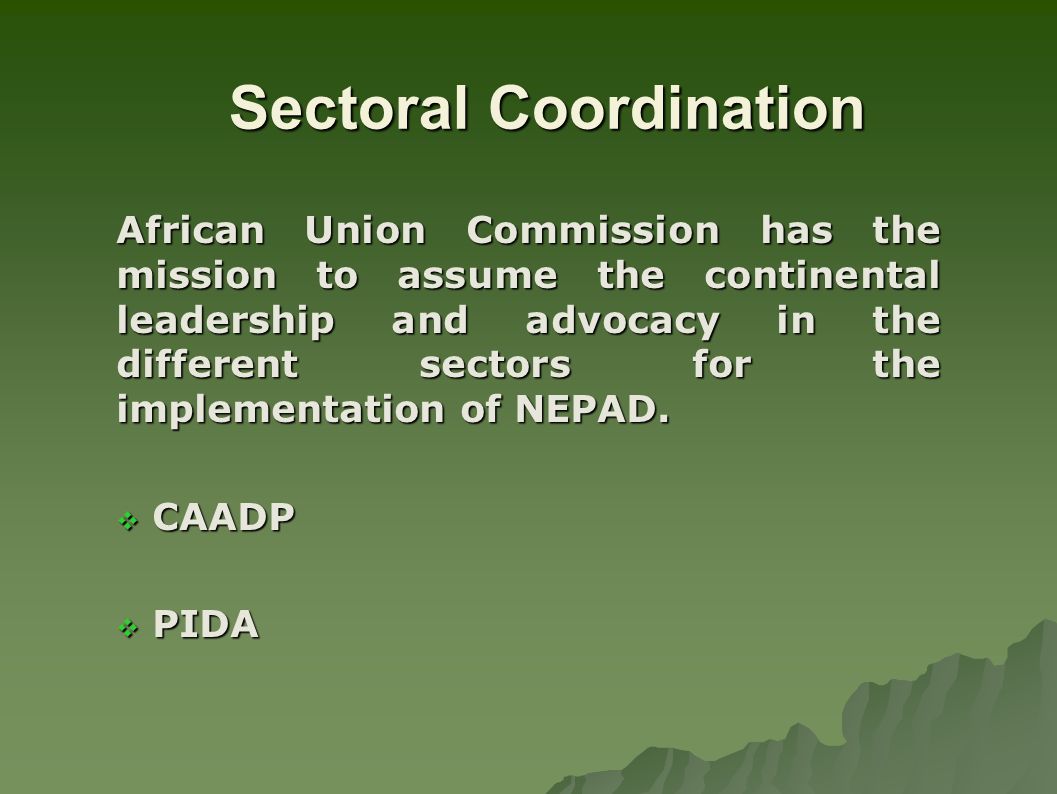 Sectoral Coordination African Union Commission has the mission to assume the continental leadership and advocacy in the different sectors for the implementation of NEPAD.