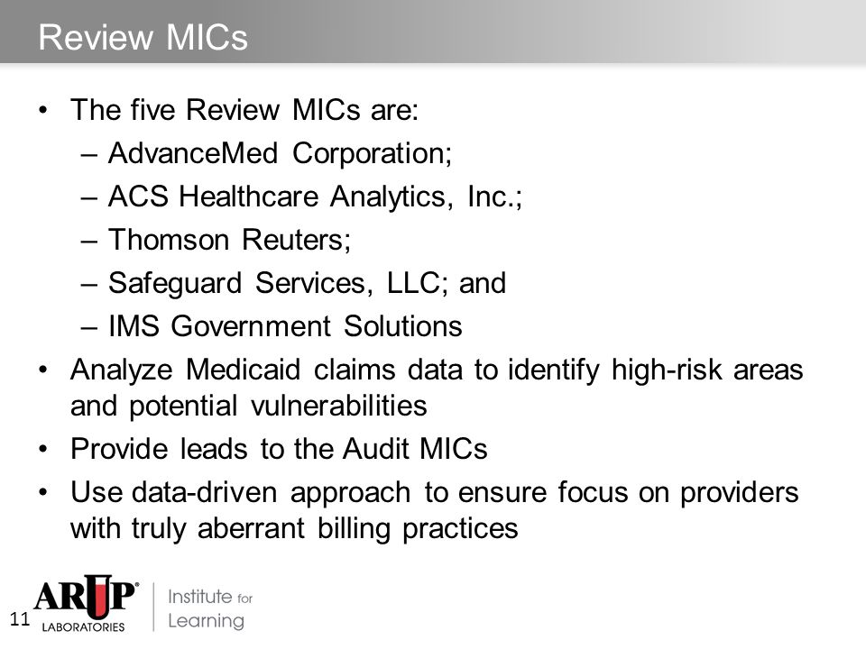 Review MICs The five Review MICs are: –AdvanceMed Corporation; –ACS Healthcare Analytics, Inc.; –Thomson Reuters; –Safeguard Services, LLC; and –IMS Government Solutions Analyze Medicaid claims data to identify high-risk areas and potential vulnerabilities Provide leads to the Audit MICs Use data-driven approach to ensure focus on providers with truly aberrant billing practices 11