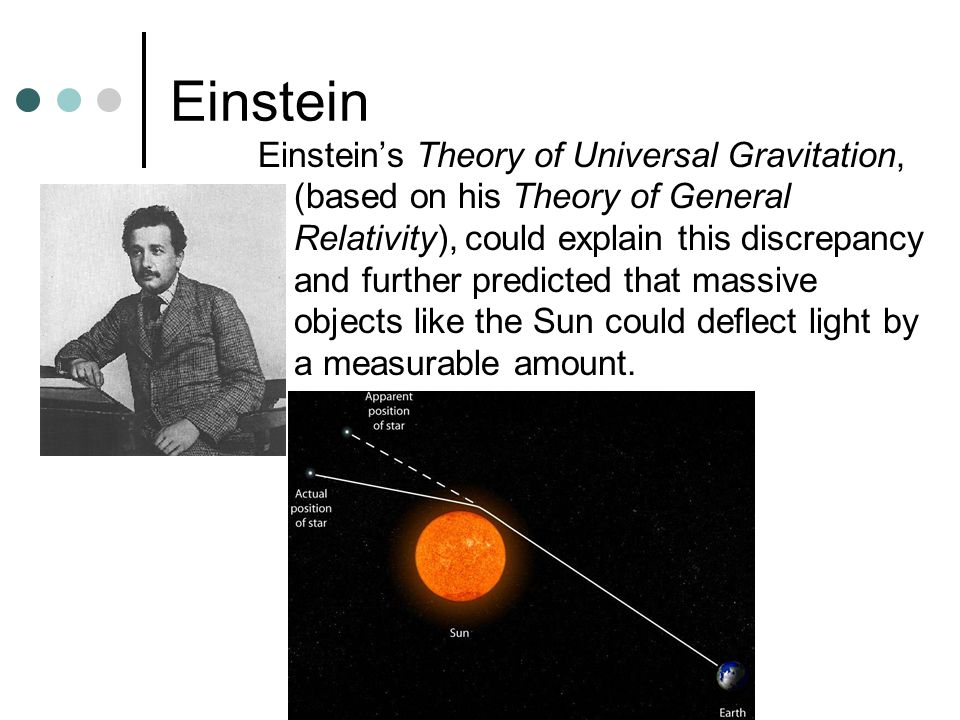 Einstein Einstein’s Theory of Universal Gravitation, (based on his Theory of General Relativity), could explain this discrepancy and further predicted that massive objects like the Sun could deflect light by a measurable amount.