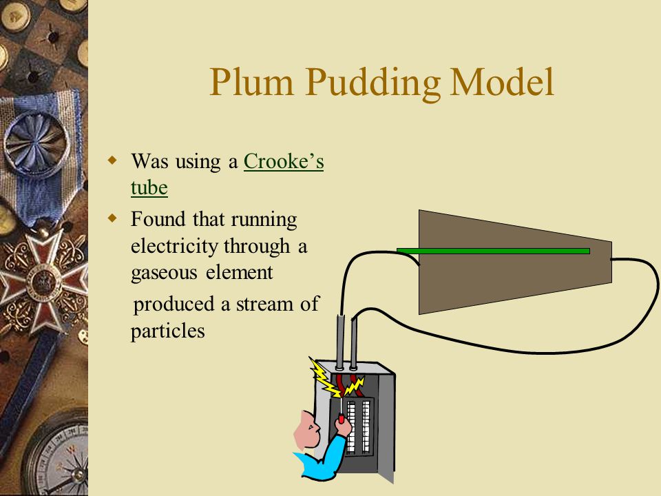 Plum Pudding Model  Was using a Crooke’s tubeCrooke’s tube  Found that running electricity through a gaseous element produced a stream of particles