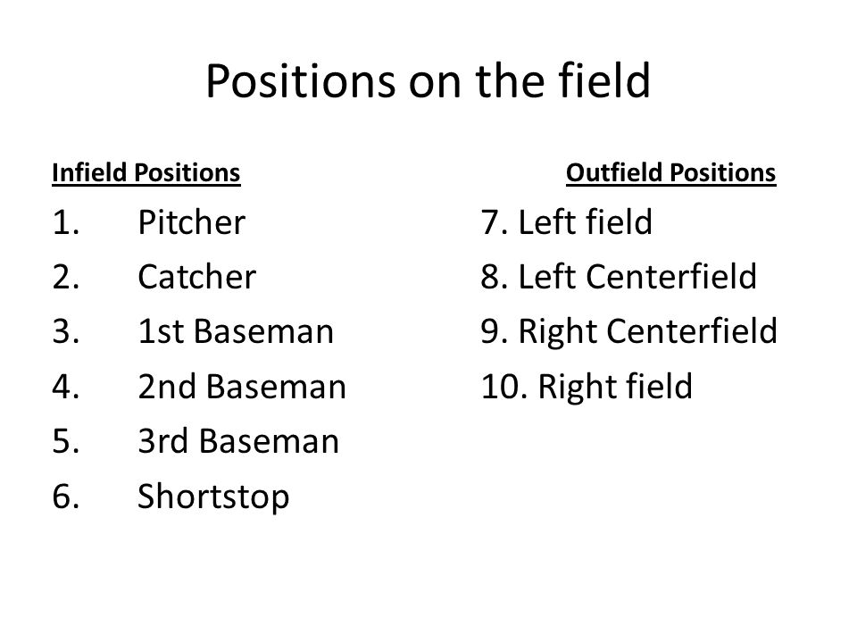 Positions on the field Infield PositionsOutfield Positions 1.Pitcher 7.