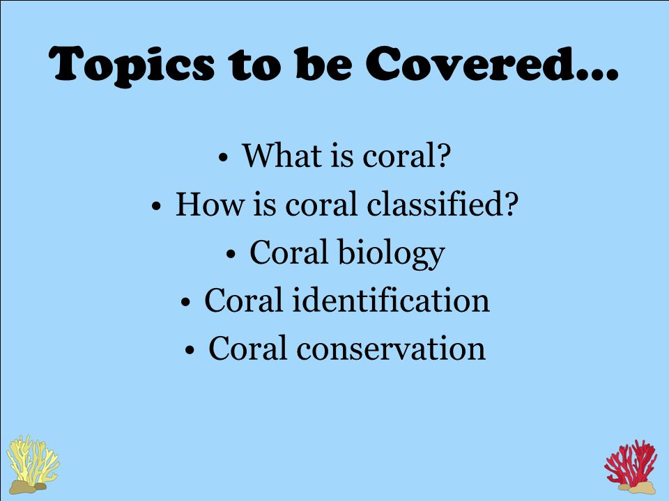 Topics to be Covered… What is coral. How is coral classified.