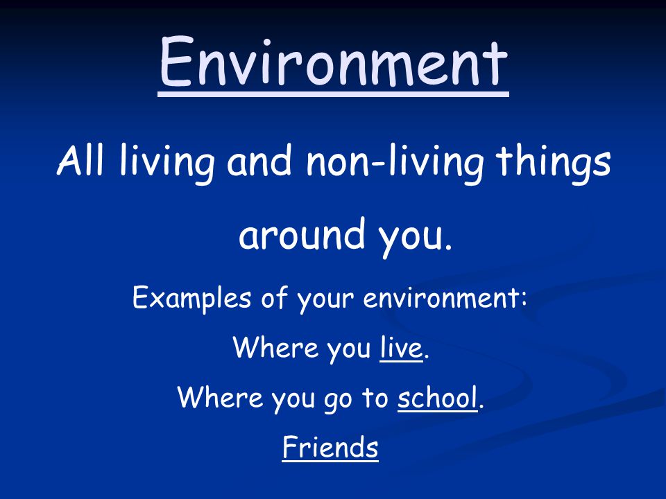 Environment All living and non-living things around you.