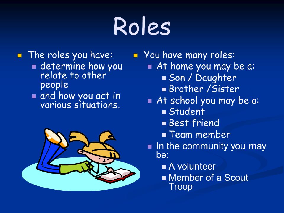Roles The roles you have: determine how you relate to other people and how you act in various situations.