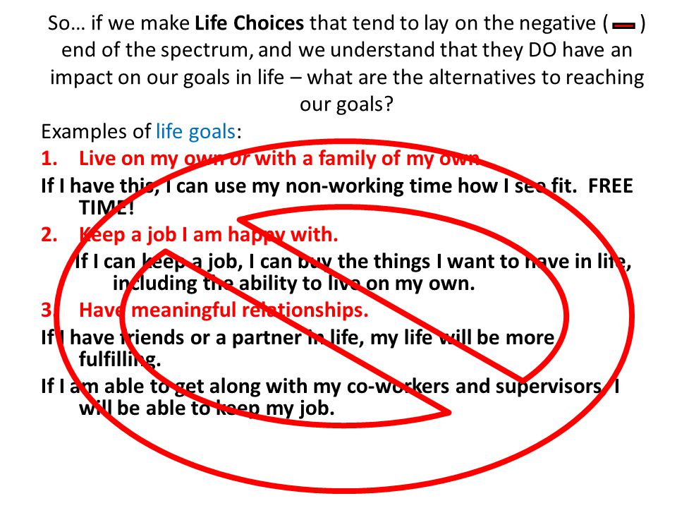 So… if we make Life Choices that tend to lay on the negative ( ) end of the spectrum, and we understand that they DO have an impact on our goals in life – what are the alternatives to reaching our goals.